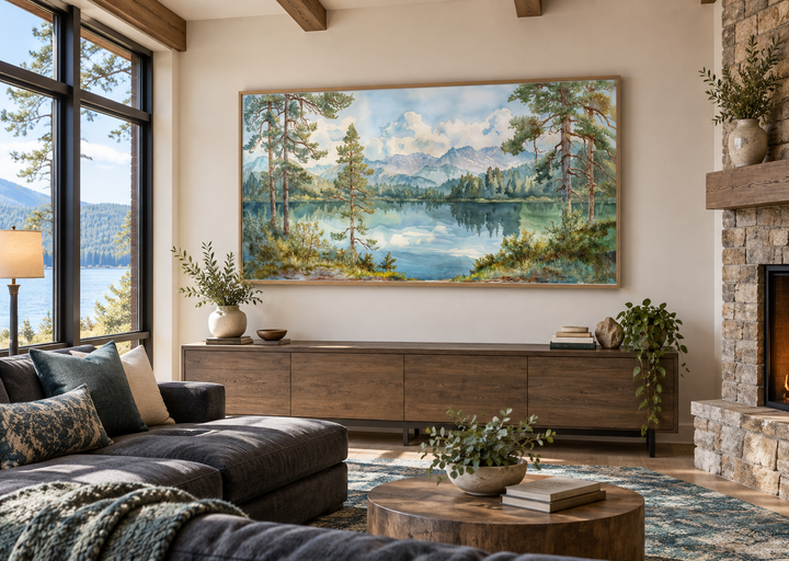 Serene mountain lake landscape framed canvas wall art above a wooden console in a rustic living room