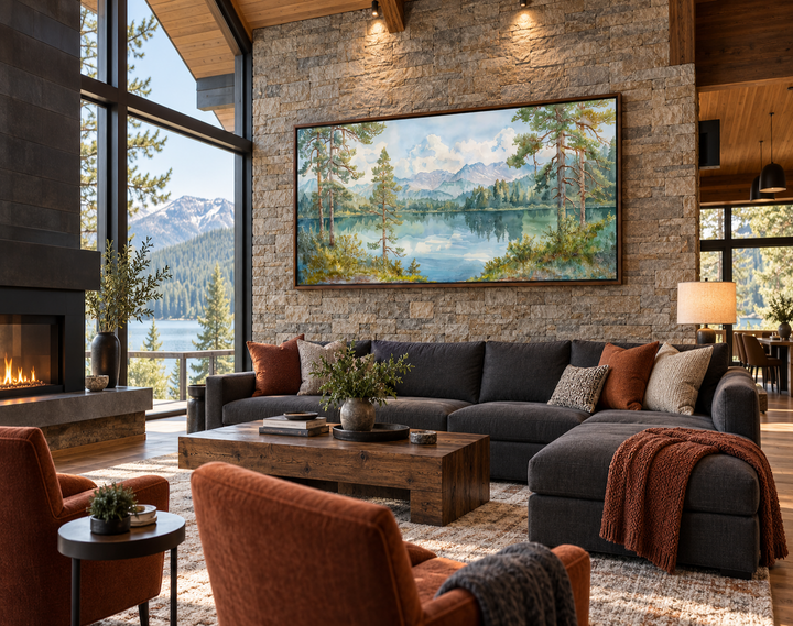 Serene mountain lake landscape framed canvas wall art above a sofa in a rustic living room.