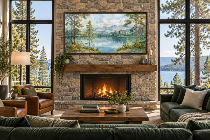Serene mountain lake landscape framed canvas wall art hanging above a stone fireplace.