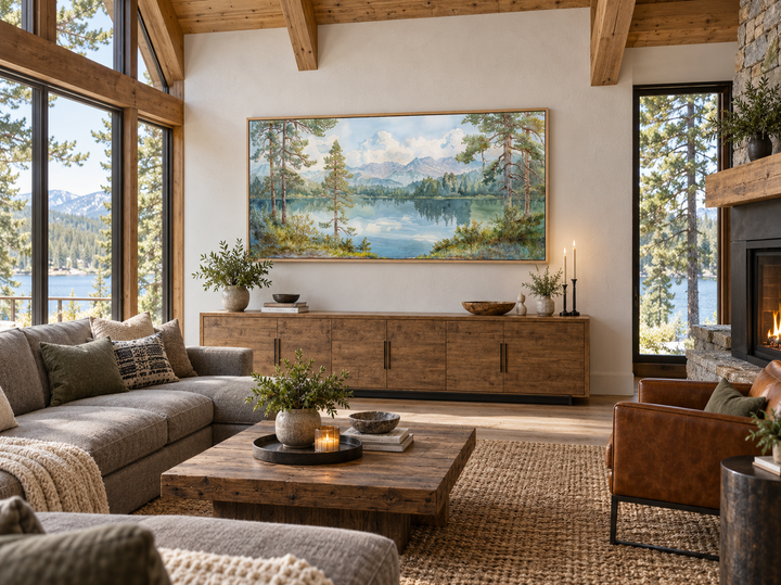 Serene mountain lake landscape framed canvas wall art above a wooden sideboard in a rustic room.