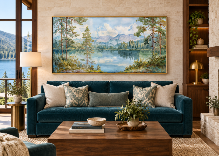 Framed panoramic canvas art of a serene mountain lake landscape above a blue sofa in a living room.