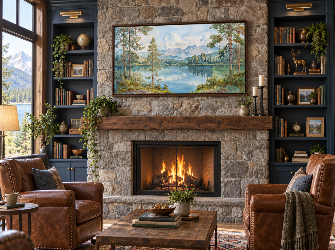 Serene mountain lake landscape framed canvas wall art mounted above a stone fireplace.