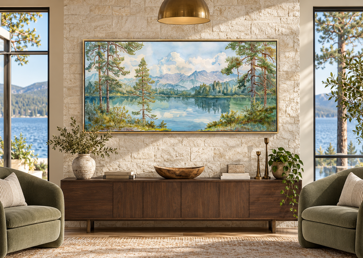 Serene mountain lake landscape framed canvas wall art above a wooden sideboard in a modern room.