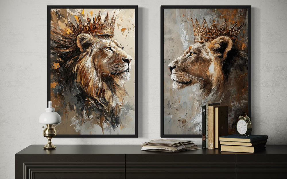 Set of 2 framed canvas prints featuring a lion king and lioness queen with golden crowns.