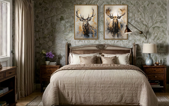 Set Of 2 Moose And Elk Portraits Framed Canvas Wall Art For Cabin Decor