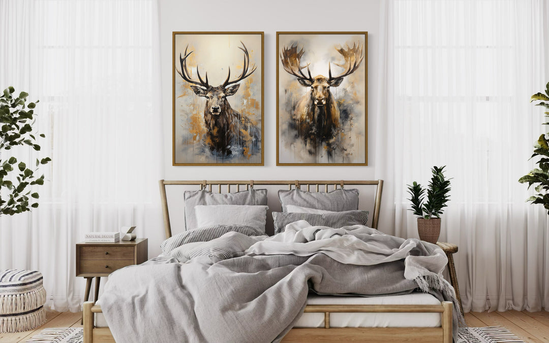 Set Of 2 Moose And Elk Portraits Framed Canvas Wall Art For Cabin Decor