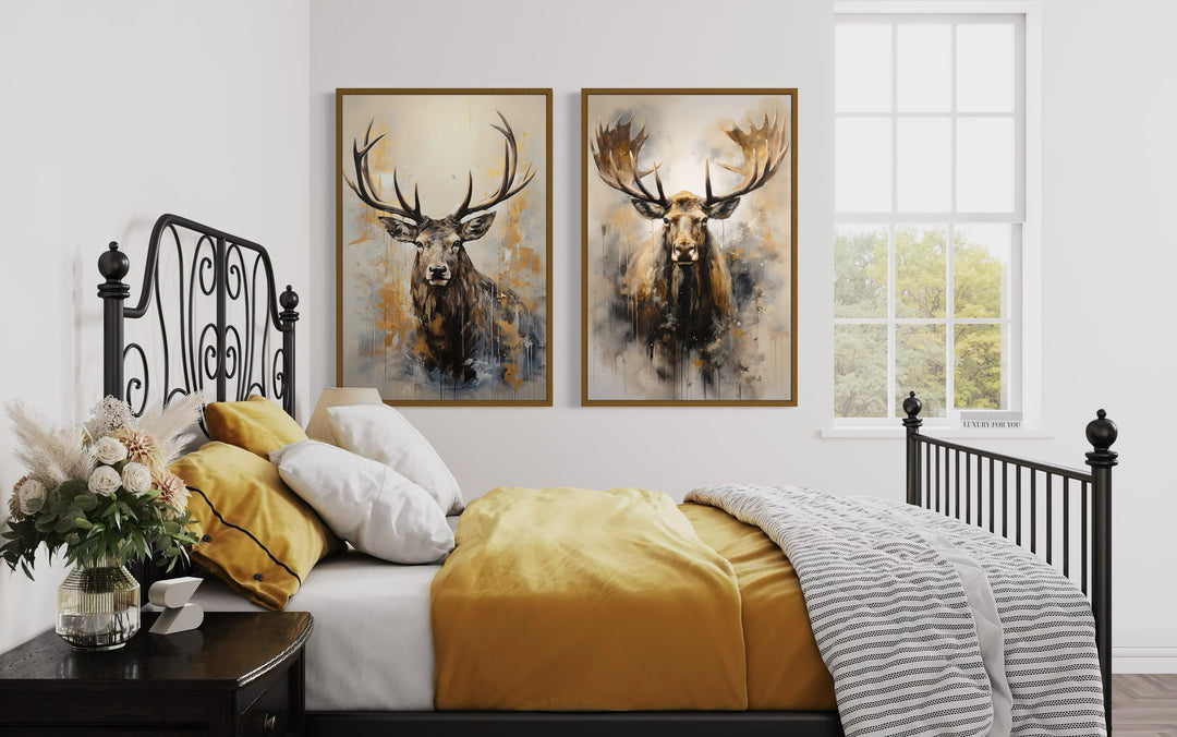 Set Of 2 Moose And Elk Portraits Framed Canvas Wall Art For Cabin Decor