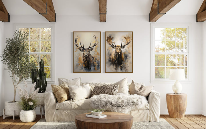 Set Of 2 Moose And Elk Portraits Framed Canvas Wall Art For Cabin Decor