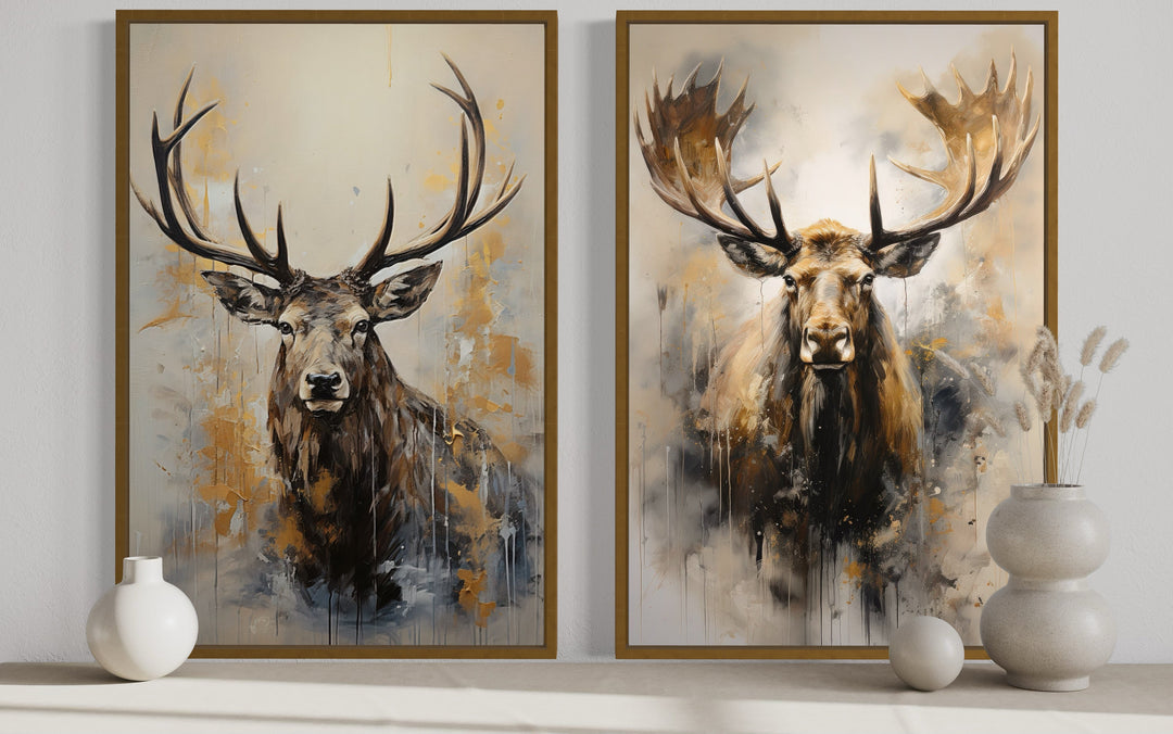 Set Of 2 Moose And Elk Portraits Framed Canvas Wall Art For Cabin Decor