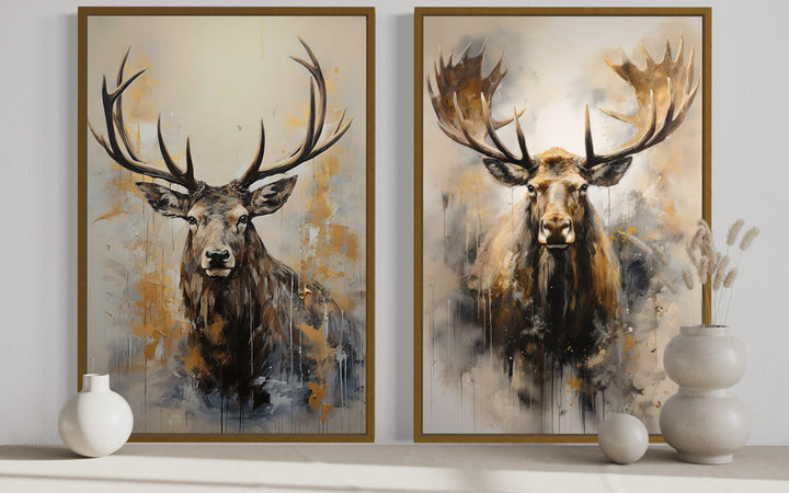 Set Of 2 Moose And Elk Portraits Framed Canvas Wall Art For Cabin Decor