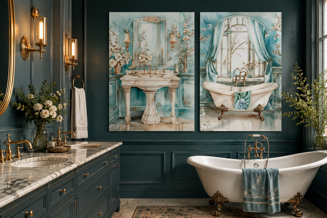 Set of 2 teal chinoiserie wall art prints featuring a vintage pedestal sink and clawfoot bathtub.