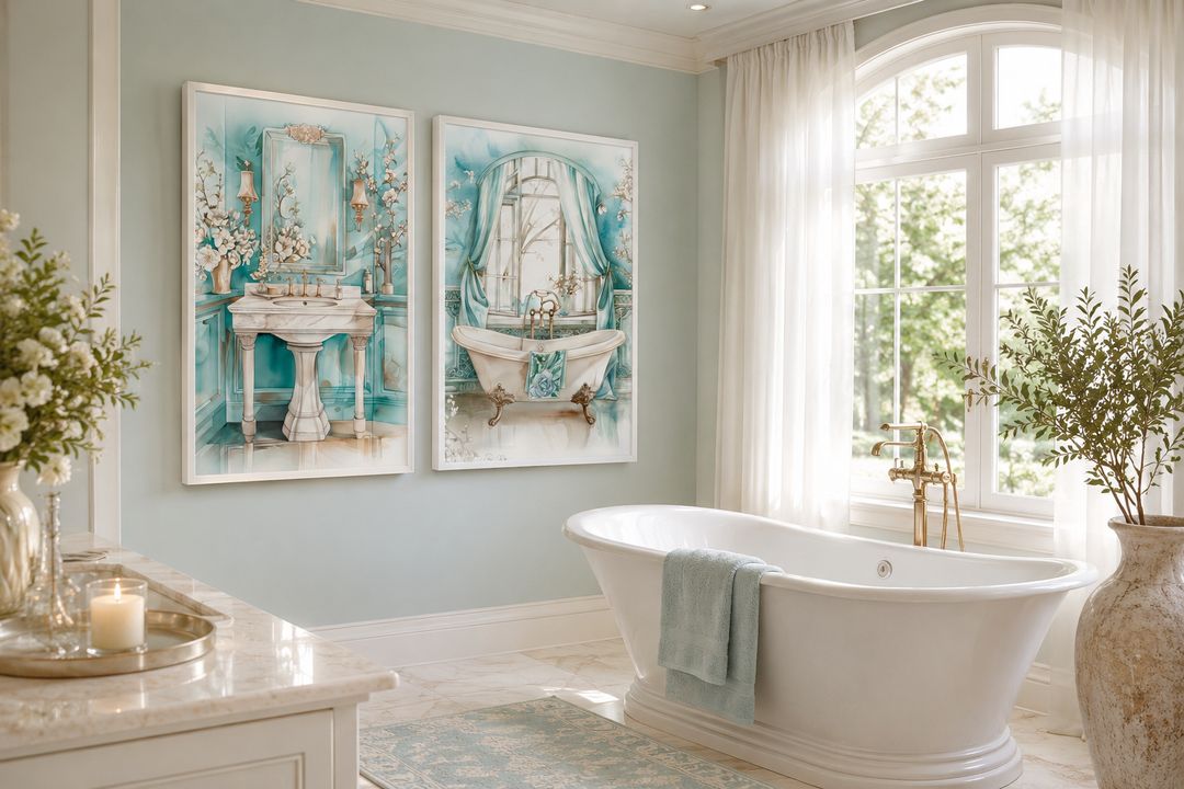 Set of 2 teal chinoiserie wall art prints featuring a vintage pedestal sink and clawfoot bathtub.