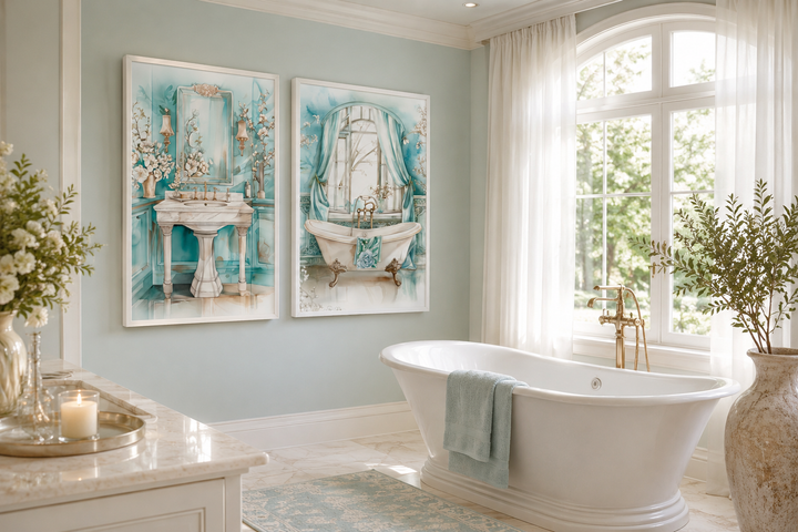 Set of 2 teal chinoiserie wall art prints featuring a vintage pedestal sink and clawfoot bathtub.