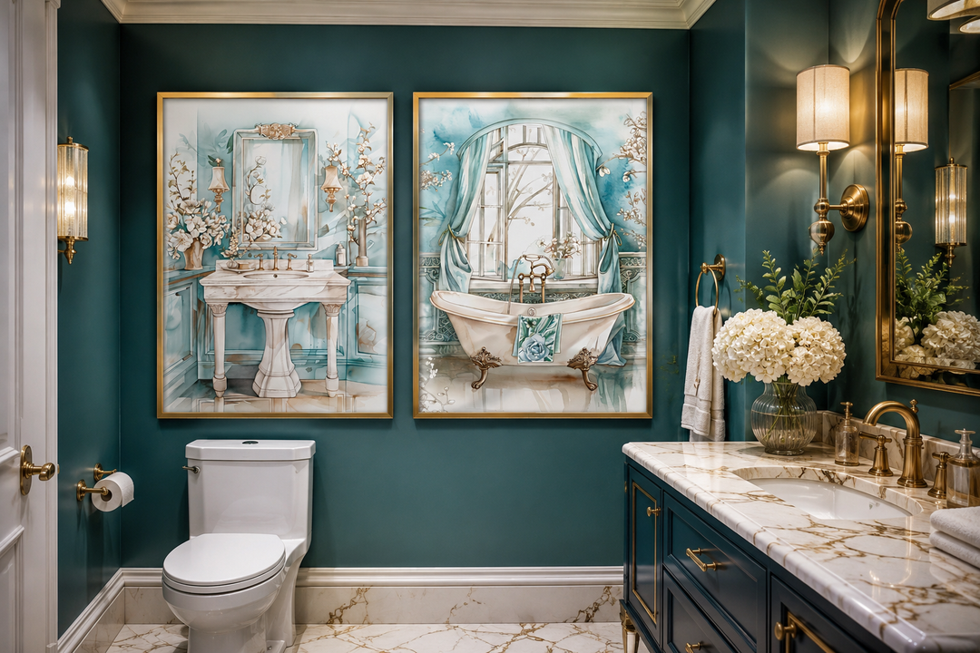 Set of 2 teal chinoiserie wall art prints featuring a vintage pedestal sink and clawfoot bathtub.