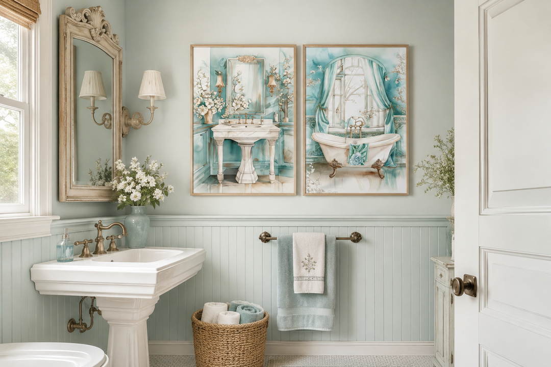 Set of 2 teal vintage tub and sink chinoiserie wall art prints in a light blue bathroom.