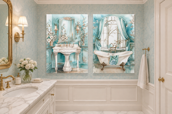 Set of two teal chinoiserie wall art prints featuring a vintage clawfoot tub and a pedestal sink.