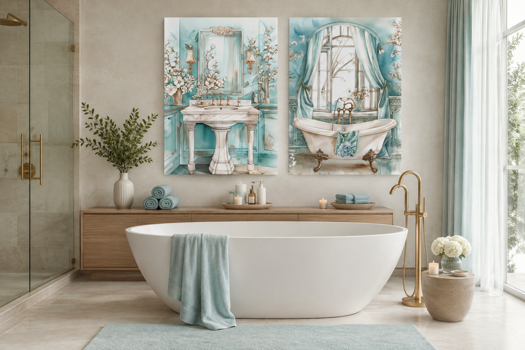 Set of two teal chinoiserie wall art prints featuring a vintage pedestal sink and clawfoot bathtub.