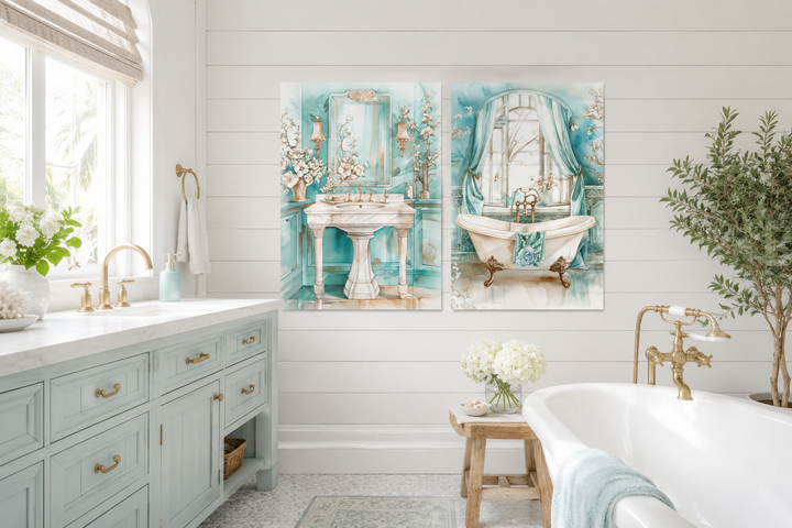Set of 2 teal chinoiserie wall art prints featuring a vintage pedestal sink and clawfoot bathtub.