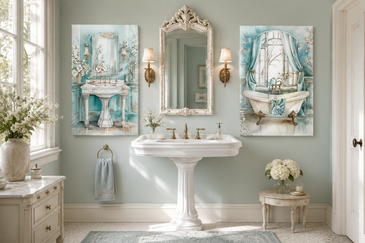 Set of 2 teal chinoiserie wall art prints featuring a vintage pedestal sink and clawfoot bathtub.