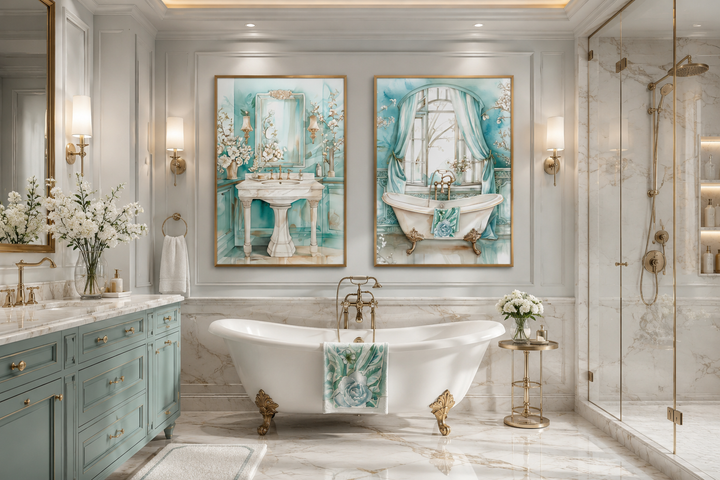 Set of 2 teal chinoiserie wall art prints featuring a vintage clawfoot tub and pedestal sink.