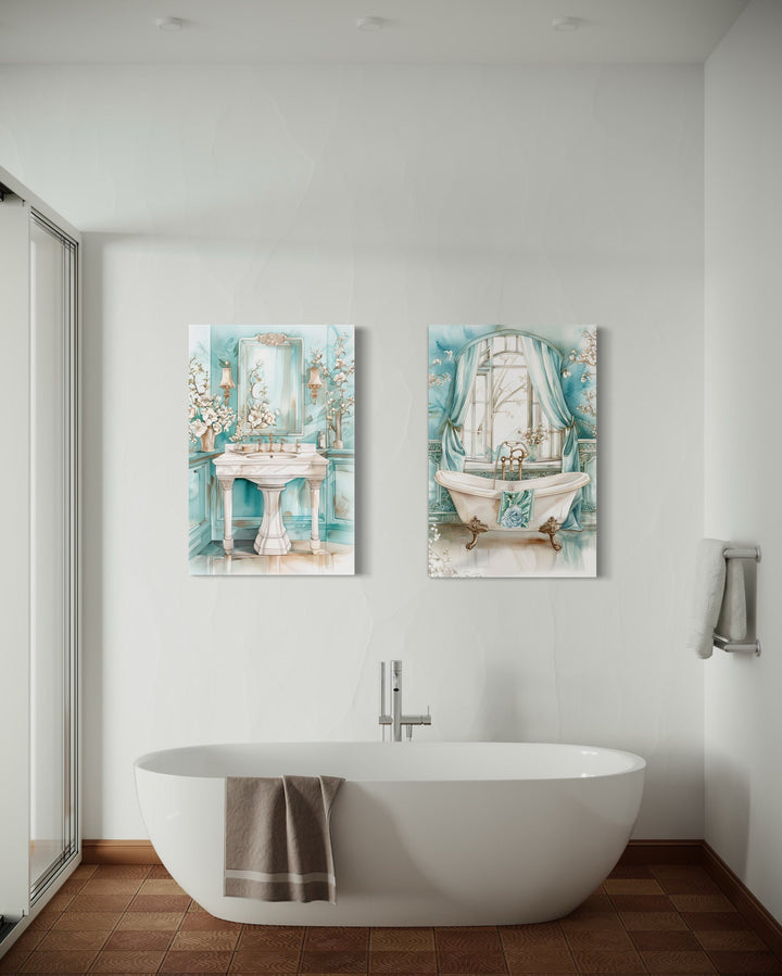 Set Of 2 Teal Bathroom Vintage Tab And Sink Chinoiserie Wall Art