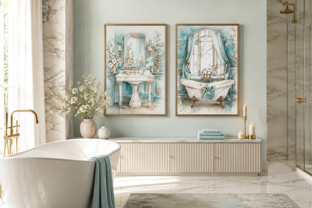 Set of two framed teal chinoiserie art prints featuring a vintage pedestal sink and clawfoot tub.