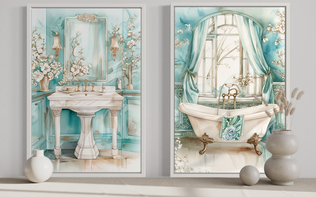 Set of 2 teal chinoiserie wall art prints featuring a vintage pedestal sink and clawfoot bathtub.
