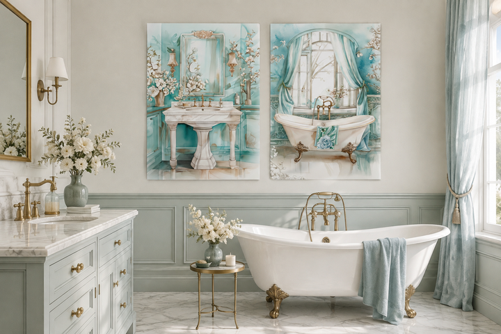 Set of 2 teal chinoiserie wall art prints featuring a vintage pedestal sink and clawfoot bathtub.