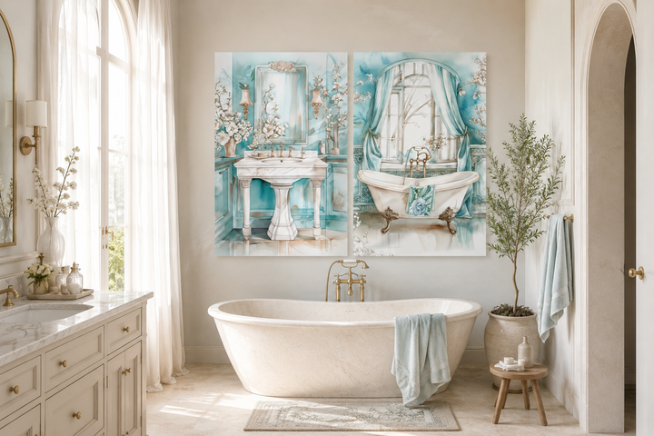 Set of 2 teal chinoiserie wall art prints featuring a vintage pedestal sink and clawfoot bathtub.