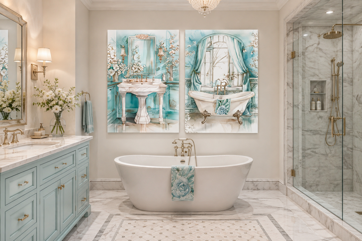 Set of 2 teal chinoiserie wall art prints featuring a vintage pedestal sink and clawfoot bathtub.