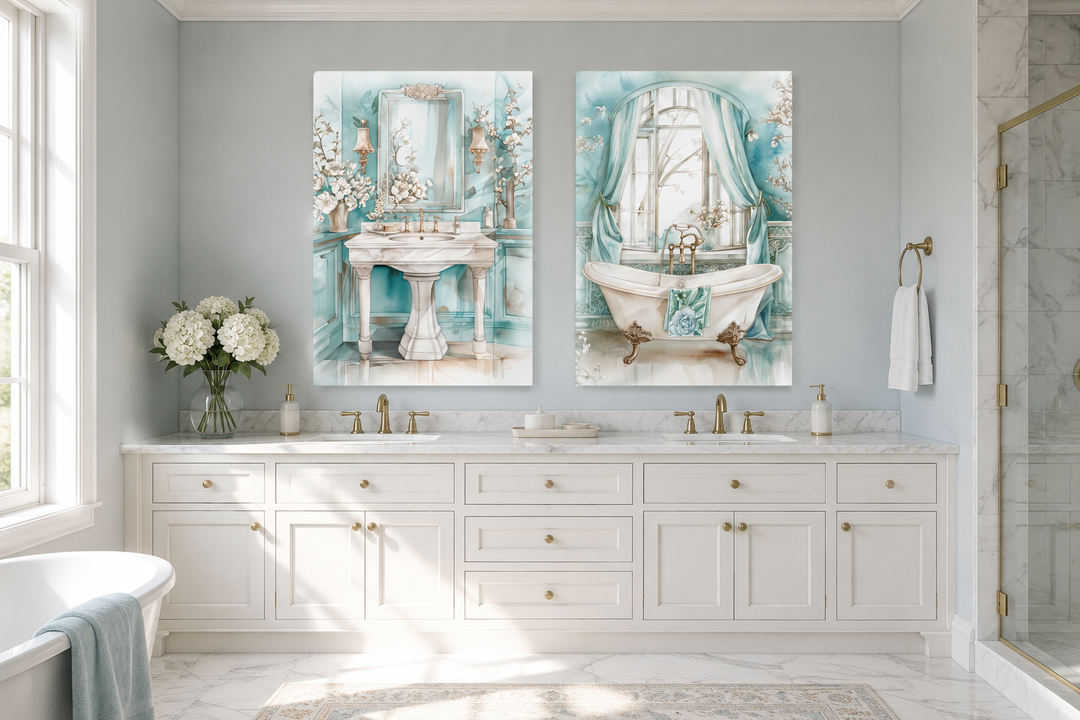 Set of 2 teal chinoiserie wall art prints featuring a vintage pedestal sink and clawfoot bathtub.