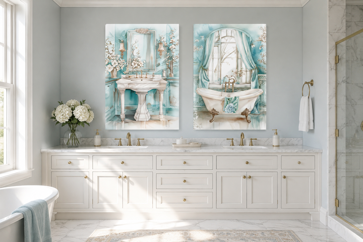 Set of 2 teal chinoiserie wall art prints featuring a vintage pedestal sink and clawfoot bathtub.