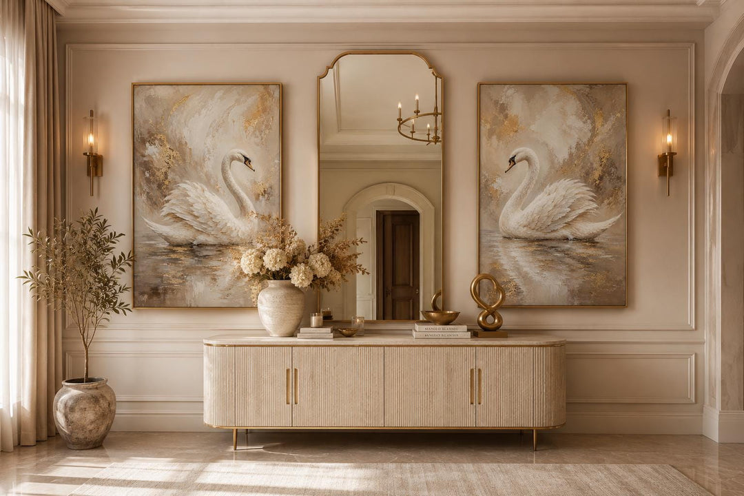 Set of 2 white swan canvas art prints with gold accents displayed in a glam bedroom setting.