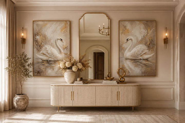 Set of 2 white swan canvas art prints with gold accents displayed in a glam bedroom setting.