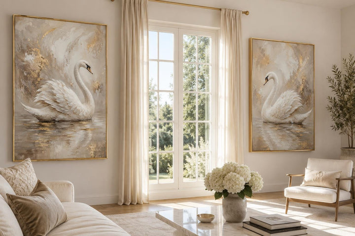 Set of 2 white swan canvas art prints with gold accents in a bright, elegant living room.