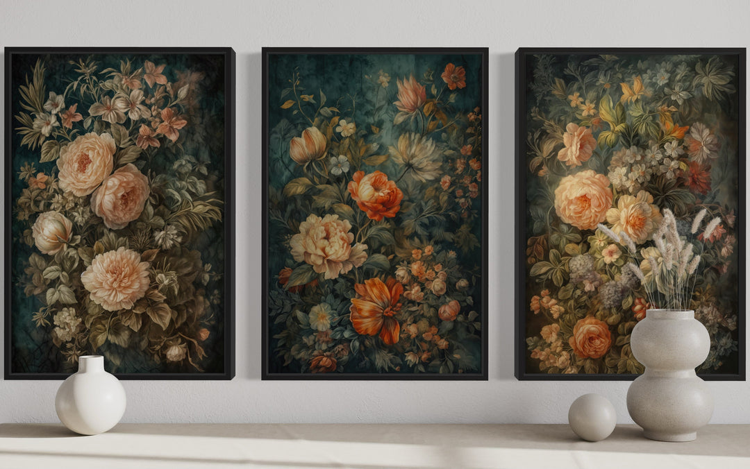 Set Of 3 Antique European Tapestry Framed Canvas Wall Art