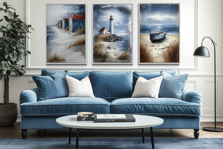 Set Of 3 Beach House Framed Canvas Wall Art - Lighthouse, Beach Huts And Old Boat