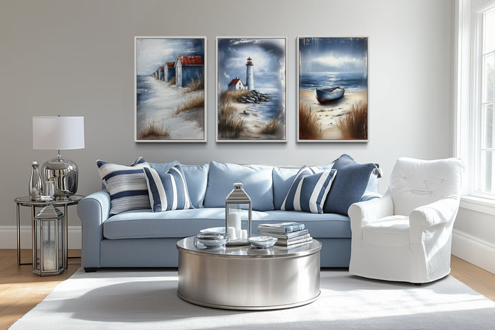 Set Of 3 Beach House Framed Canvas Wall Art - Lighthouse, Beach Huts And Old Boat