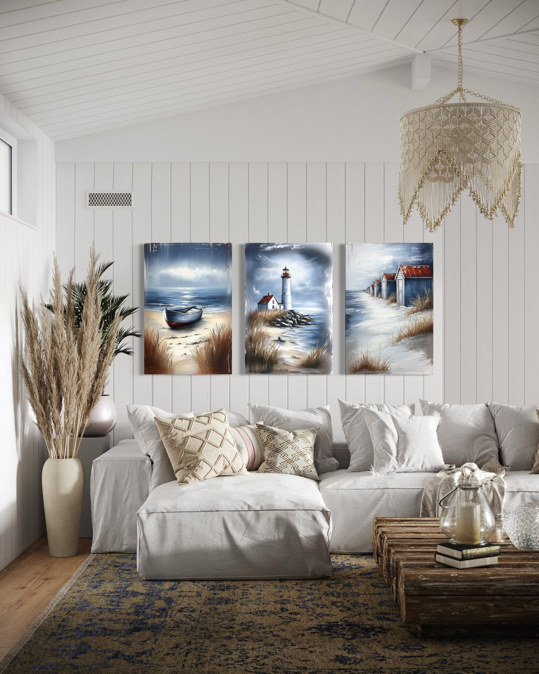 Set Of 3 Beach House Framed Canvas Wall Art - Lighthouse, Beach Huts And Old Boat