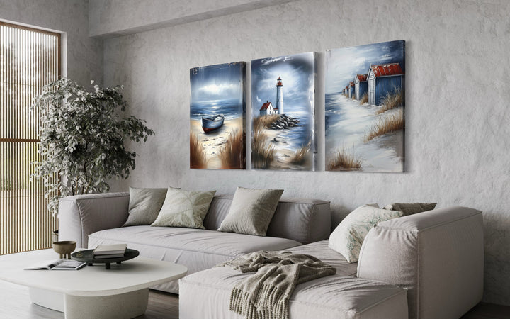 Set Of 3 Beach House Framed Canvas Wall Art - Lighthouse, Beach Huts And Old Boat