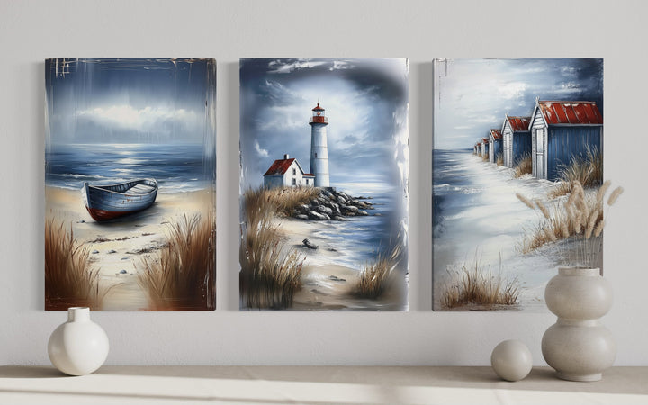 Set Of 3 Beach House Framed Canvas Wall Art - Lighthouse, Beach Huts And Old Boat