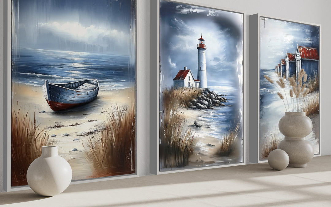 Set Of 3 Beach House Framed Canvas Wall Art - Lighthouse, Beach Huts And Old Boat