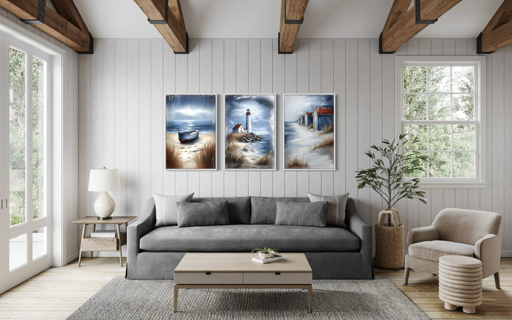 Set Of 3 Beach House Framed Canvas Wall Art - Lighthouse, Beach Huts And Old Boat