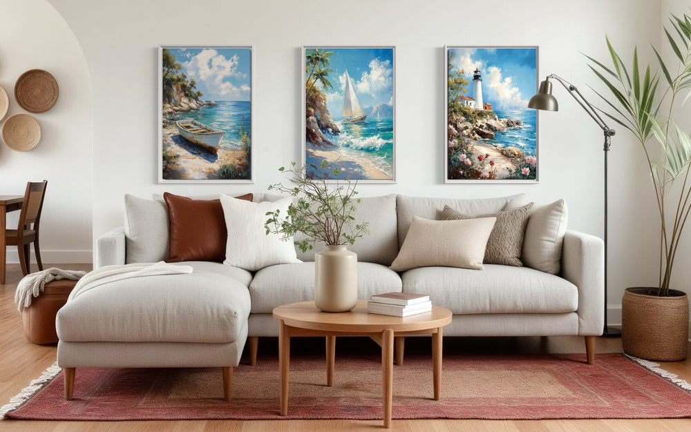 Set Of 3 Beach House Framed Canvas Wall Art - Lighthouse, Sail Boat And Old Boat