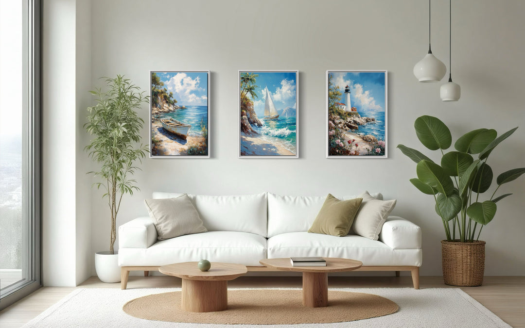 Set Of 3 Beach House Framed Canvas Wall Art - Lighthouse, Sail Boat And Old Boat