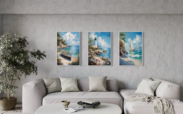 Set Of 3 Beach House Framed Canvas Wall Art - Lighthouse, Sail Boat And Old Boat