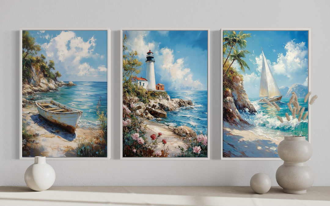 Set Of 3 Beach House Framed Canvas Wall Art - Lighthouse, Sail Boat And Old Boat