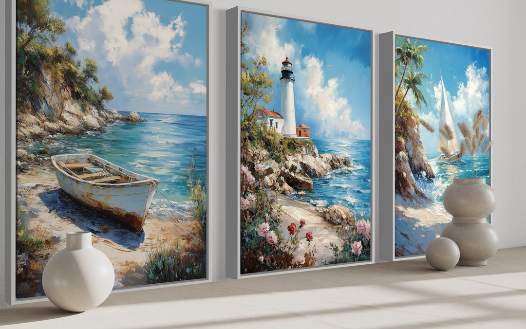 Set Of 3 Beach House Framed Canvas Wall Art - Lighthouse, Sail Boat And Old Boat