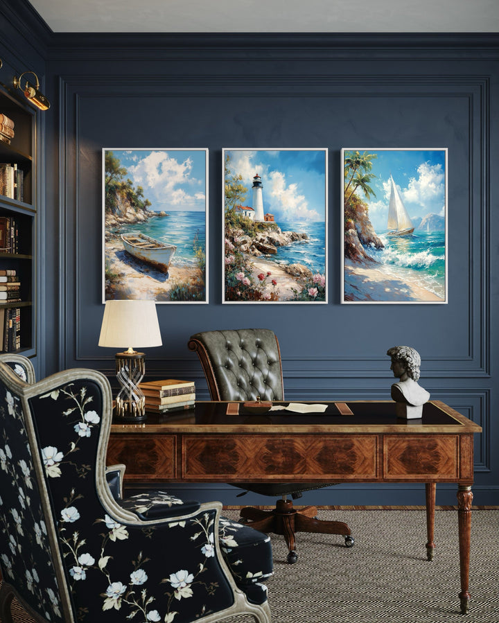 Set Of 3 Beach House Framed Canvas Wall Art - Lighthouse, Sail Boat And Old Boat