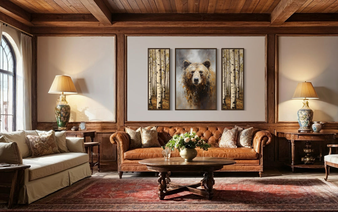 Set Of 3 Bear Flanked By Trees Framed Canvas Wall Art For Cabin Decor